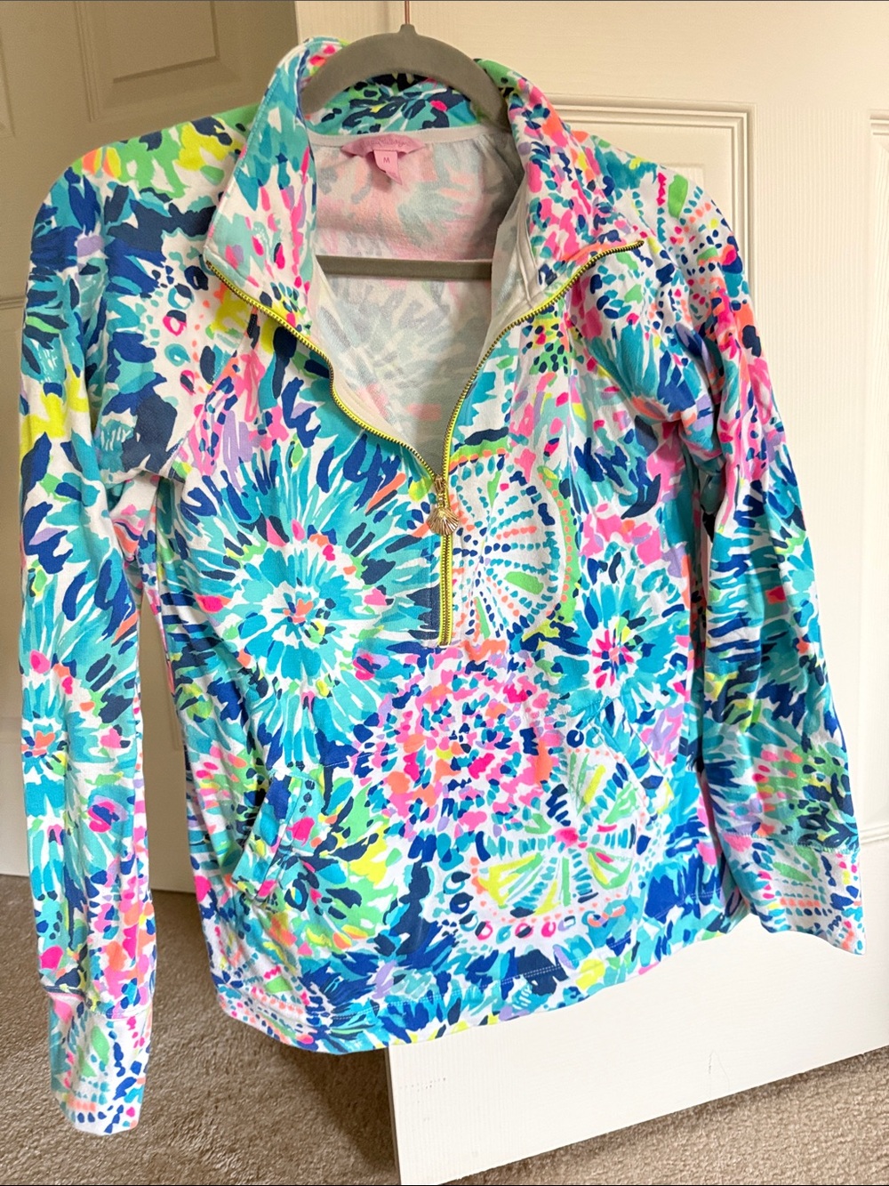 Lilly Pulitzer Bright Abstract Half-Zip Pullover in Blue, Pink & Green size M